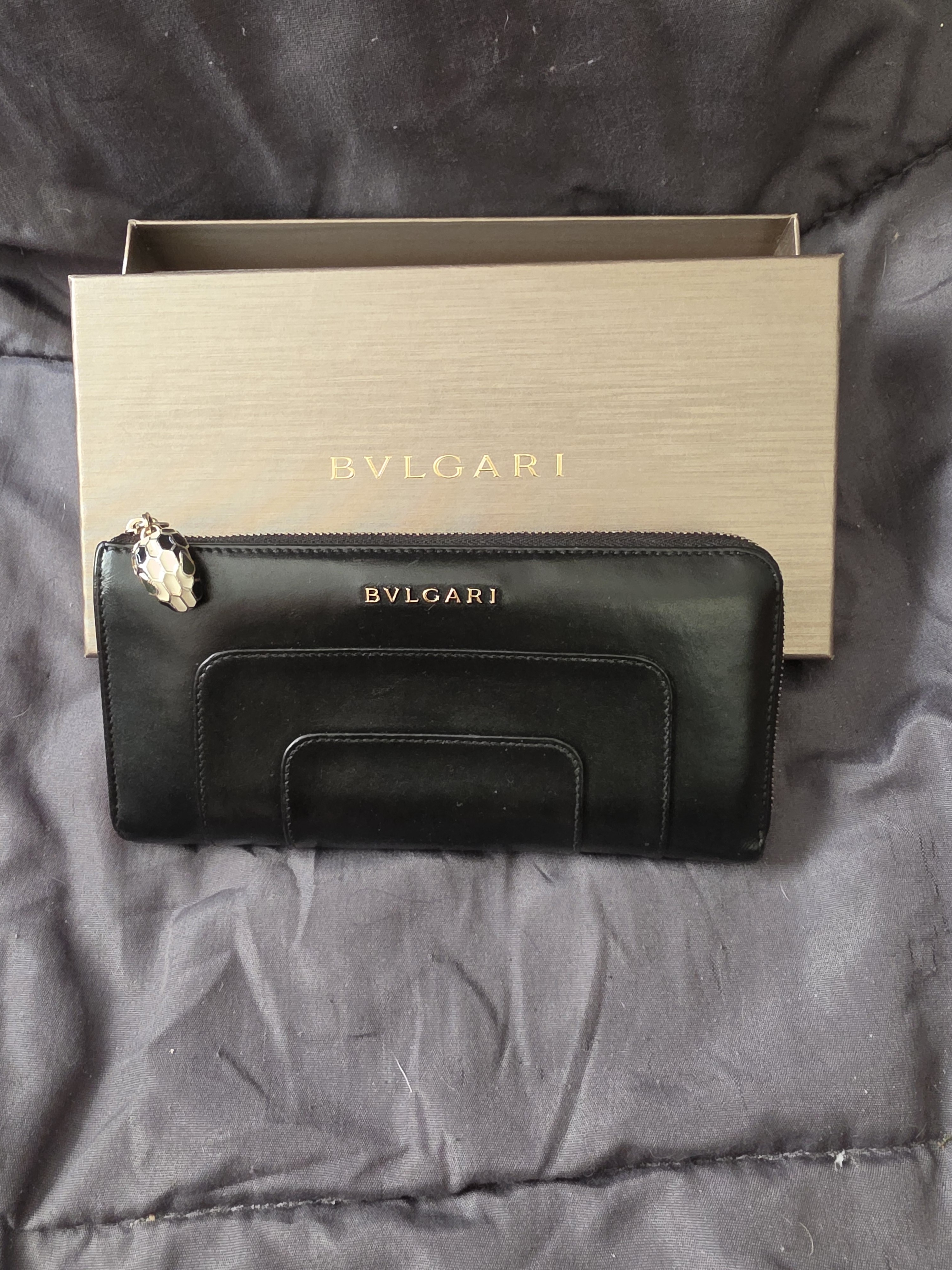 Bvlgari Black Leather Zip Wallet With Serpenti Charm